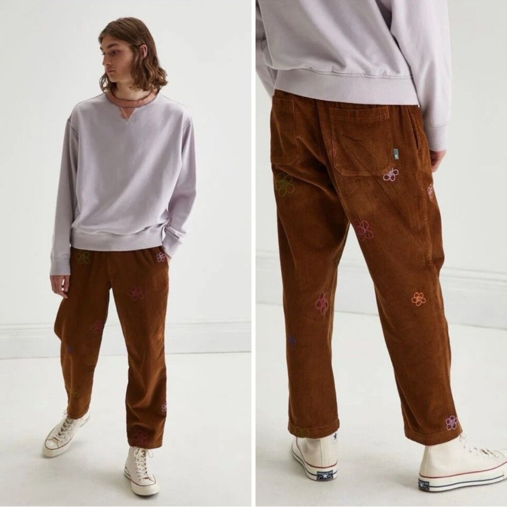 Urban Outfitters Embroidered Flower Power Brown Drawstring Boho Pocket Pant L